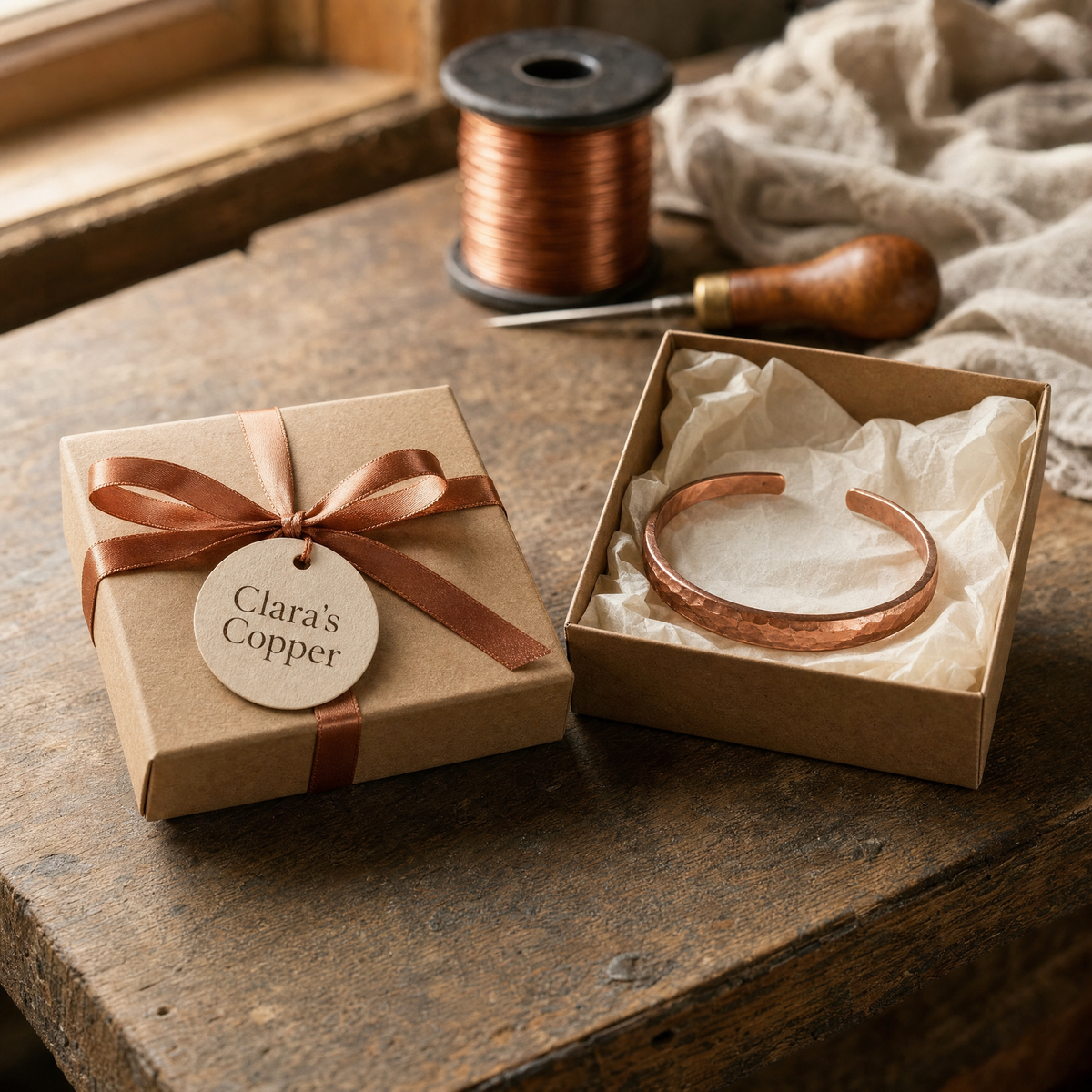 Clara's Copper gift box with copper ribbon