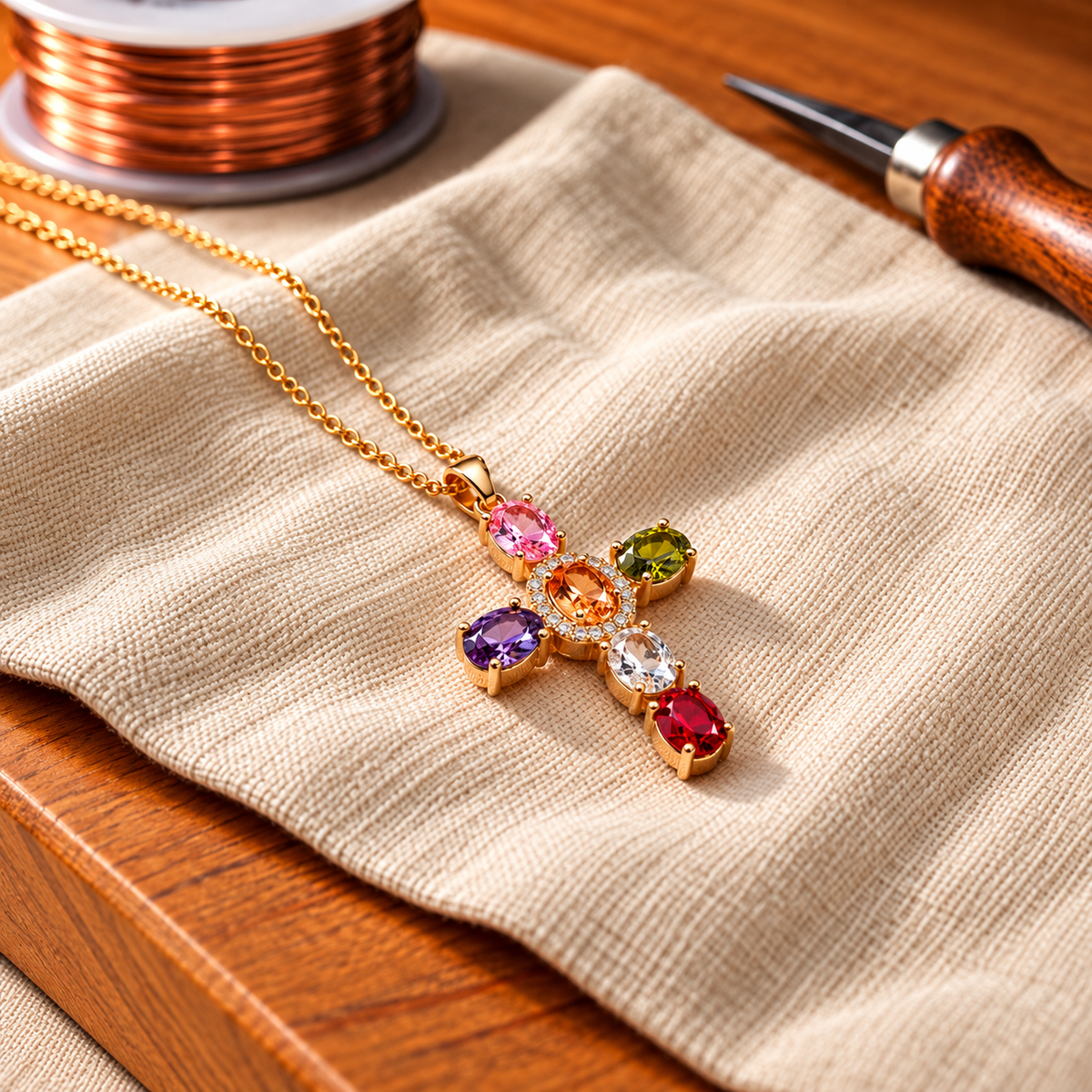 Clara's Cross Copper Zircon-laid Pendant with Chain