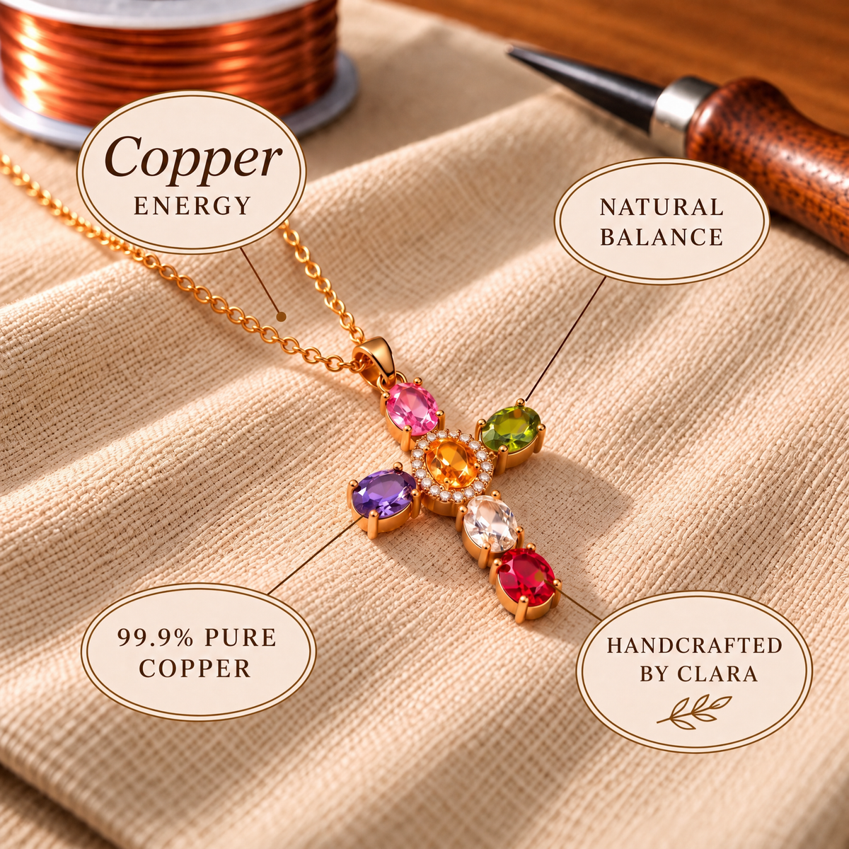 Clara's Cross Copper Zircon-laid Pendant with Chain
